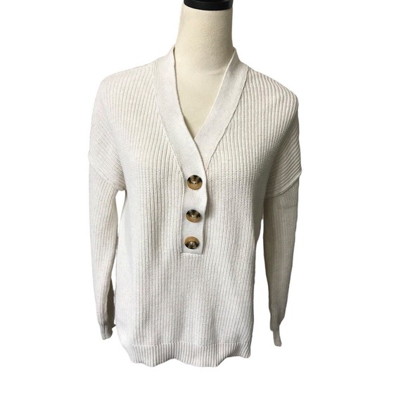 Rachel Zoe Women's Neutral Beige Ribbed Button V Neck Drop Shoulder Sweater  M - Picture 1 of 8